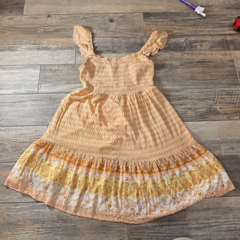 Maurices Womens XL Orange Yellow Floral Smocked Ruffle Tiered Sun Dress Boho